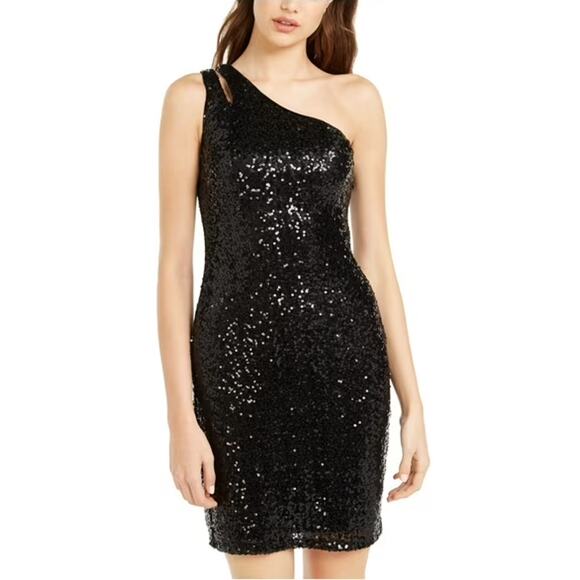 Teeze Me Black Sequins One Shoulder Cutout Mini Sheath Dress XS Junior 1/2 NWT - Picture 1 of 13